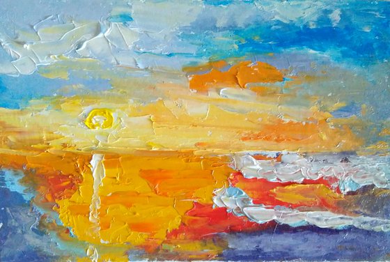 Abstract Seascape Original Art Sunset Oil Painting Coastal Artwork Small Wall Art