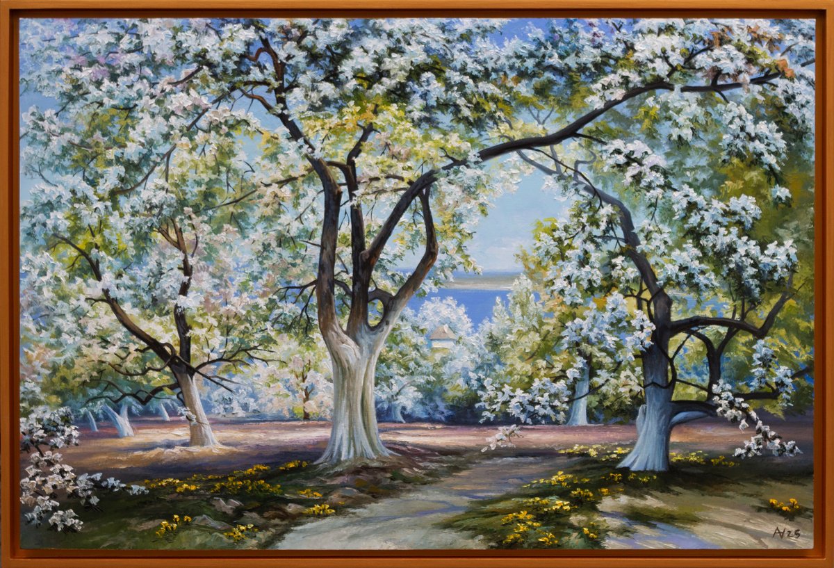 Impressionistic Landscape Oil Painting By Oleksii Vylusk, 37 X 25", Spring Garden, Original Artwork