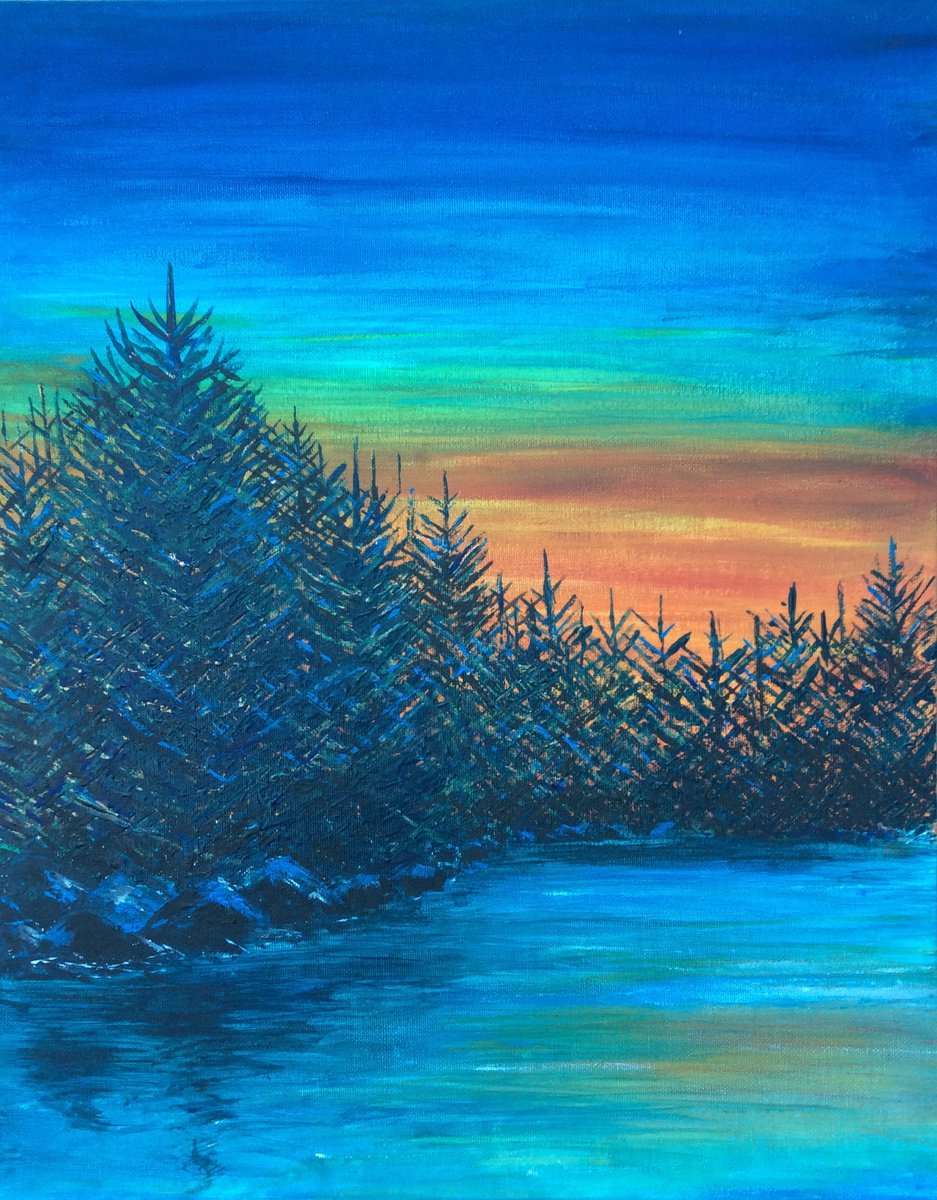 Impressionistic Landscape Acrylic Painting By Lucy Smerdon, 16 X 20", Spruce On The Water, Original Artwork