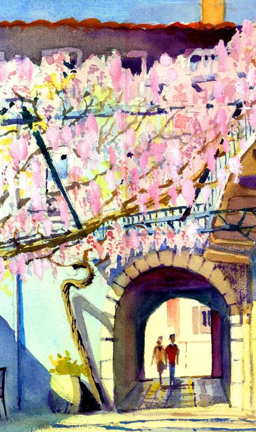 Wisteria Courtyard, Soave. Verona, Italy. Pink Flowers and old building by Peter Day