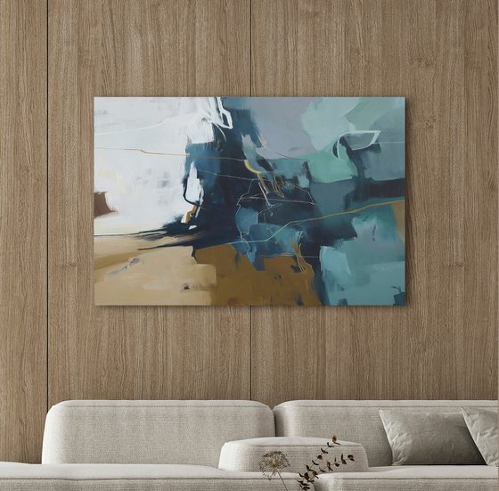 "Bosco" Abstract dark teal beige acrylic art