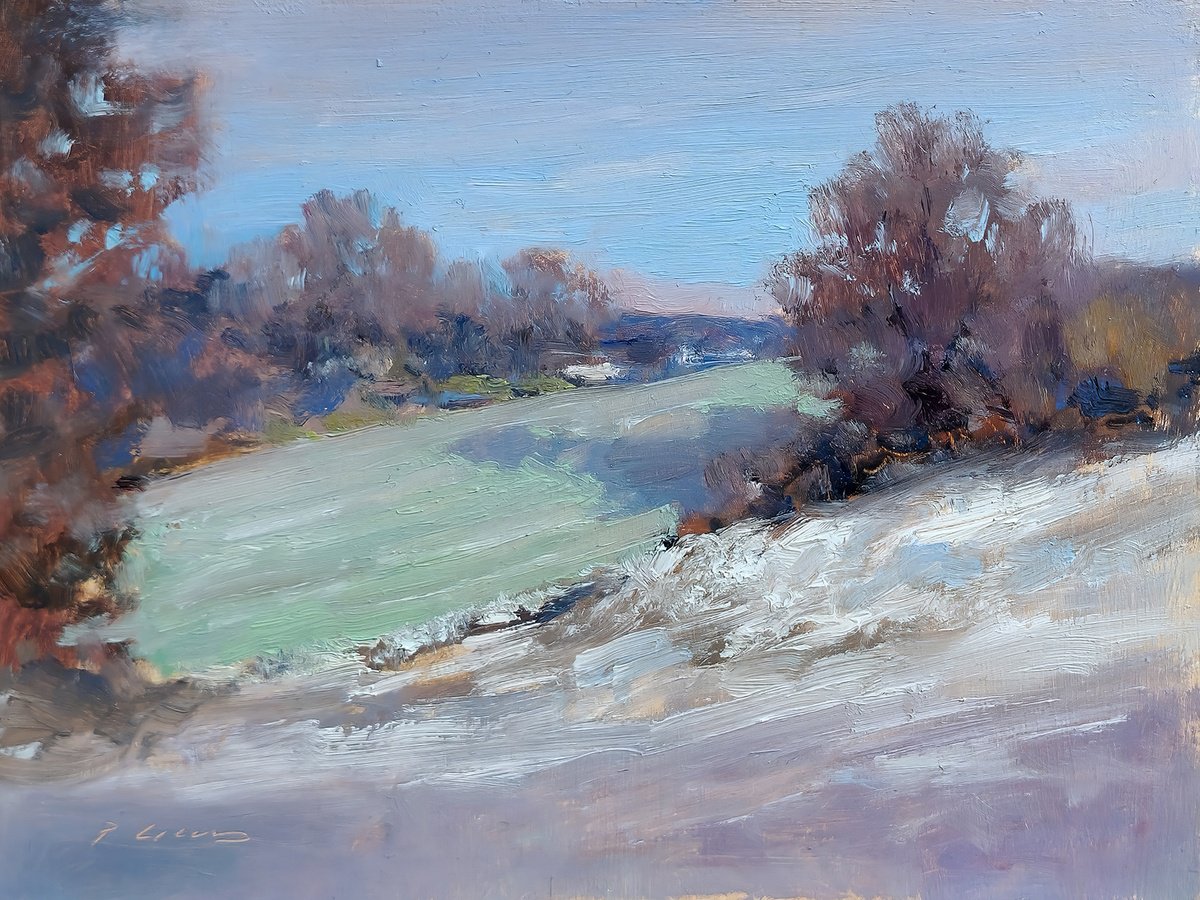 Impressionistic Landscape Oil Painting By Pascal Giroud, 8 X 6", End Of Winter, Original Artwork