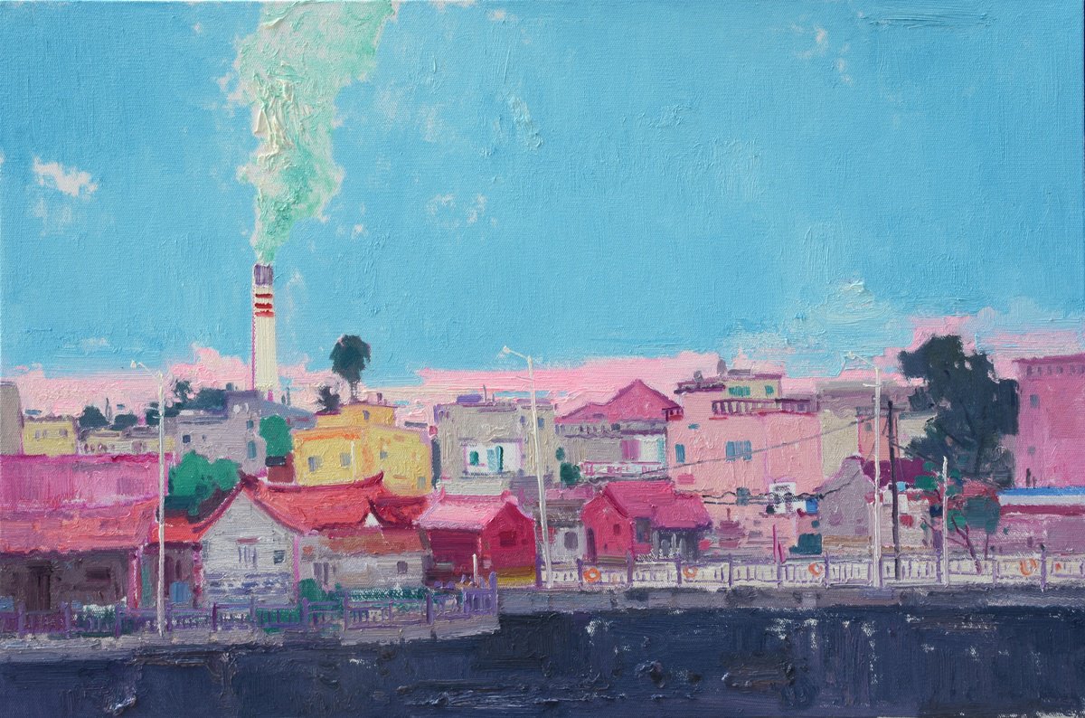 Impressionistic Landscape Oil Painting By Jianzhe Chon, 35 X 24, Town 203, Original Artwork