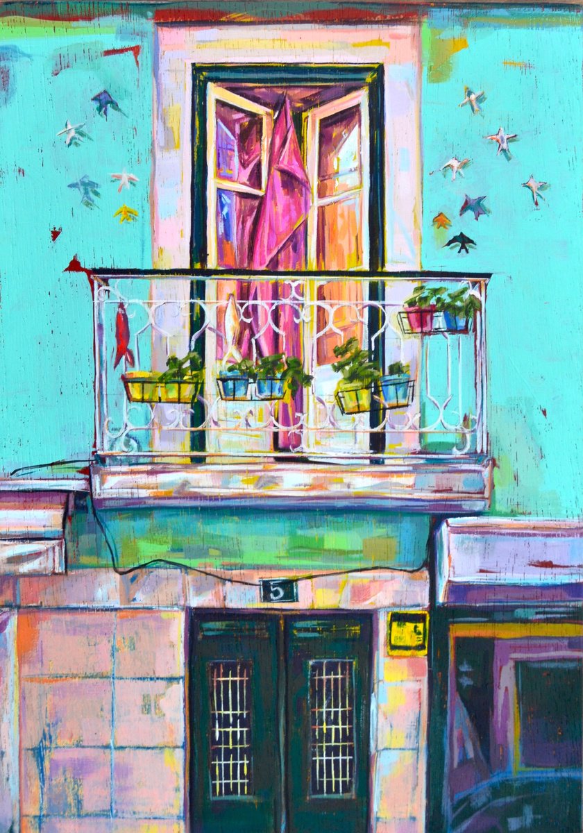 Expressive Cityscapes Oil Painting By Paul Ward, 9 X 13", A Balcony To Lisbon, Original Artwork