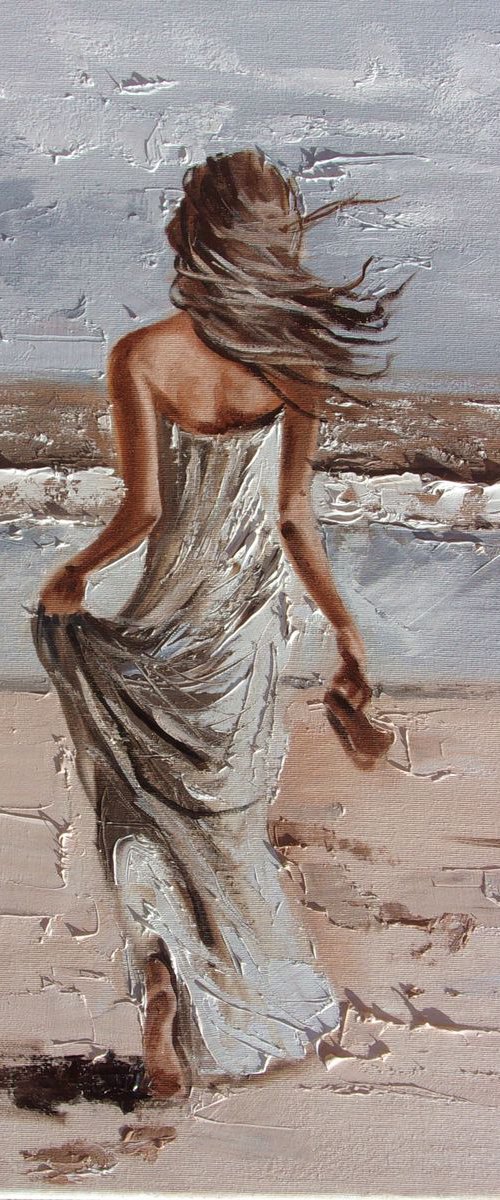 " BY THE SEA "- SKY SEA SAND liGHt  ORIGINAL OIL PAINTING, GIFT, PALETTE KNIFE by Monika Luniak