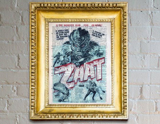 ZaaT - Retro Film Poster - Collage Art Print on Large Real English Dictionary Vintage Book Page