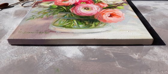 Ranunculus flowers oil painting on canvas, floral painting