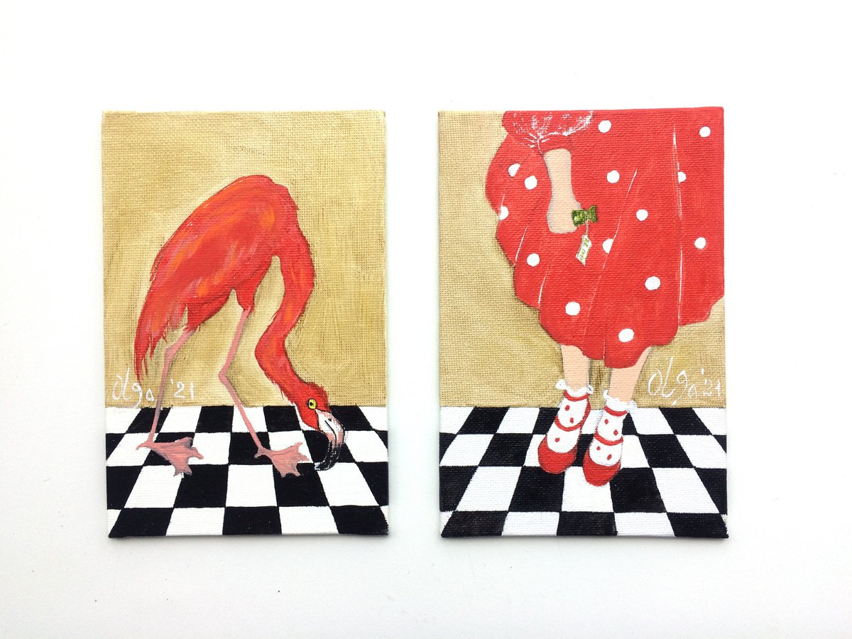 Diptych original oil paintings - Alice in Wonderland - Set of 2 miniature - Girl and flami... by Olga Ivanova