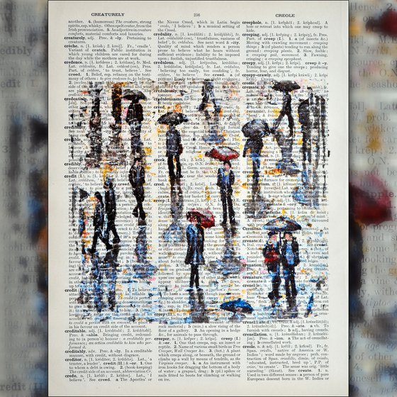 At the City 5 - Collage Art on Large Real English Dictionary Vintage Book Page