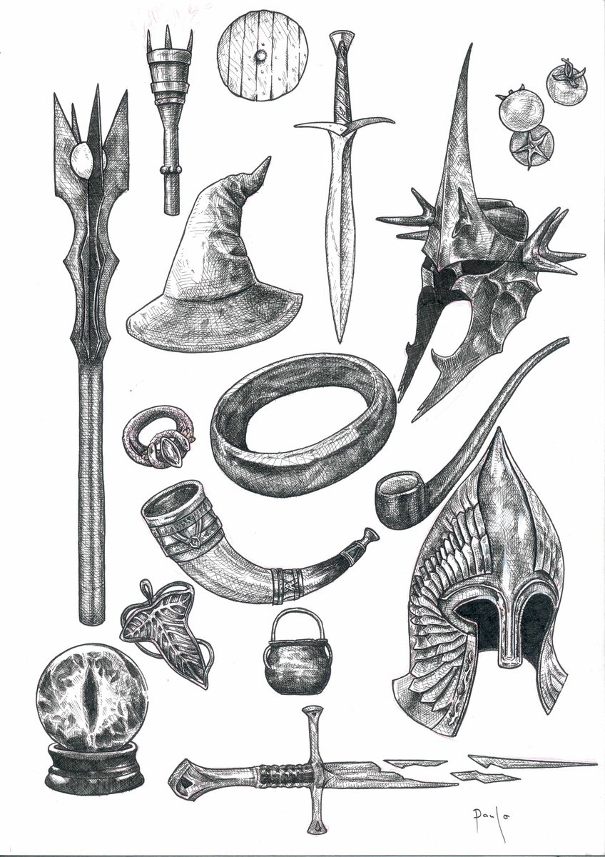 Illustrative Ink Drawing , Objects From Middle-Earth By Paul Ward, 12 X 17, Artwork For Sale On Artfinder