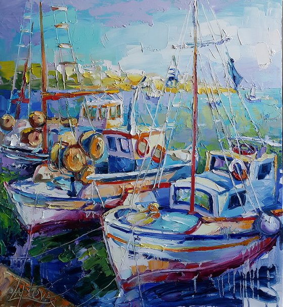 Painting Fishing boats, Nautical Painting, boat yacht bay