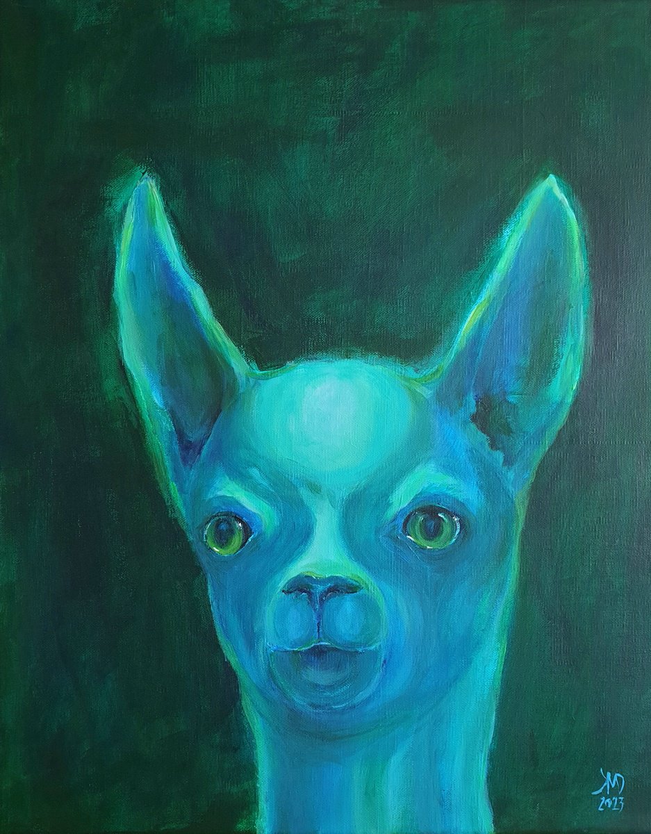 Expressive Animal Acrylic Painting By Ksenia June, 16 X 20", Green Lama Alpaca Portrait, Original Artwork