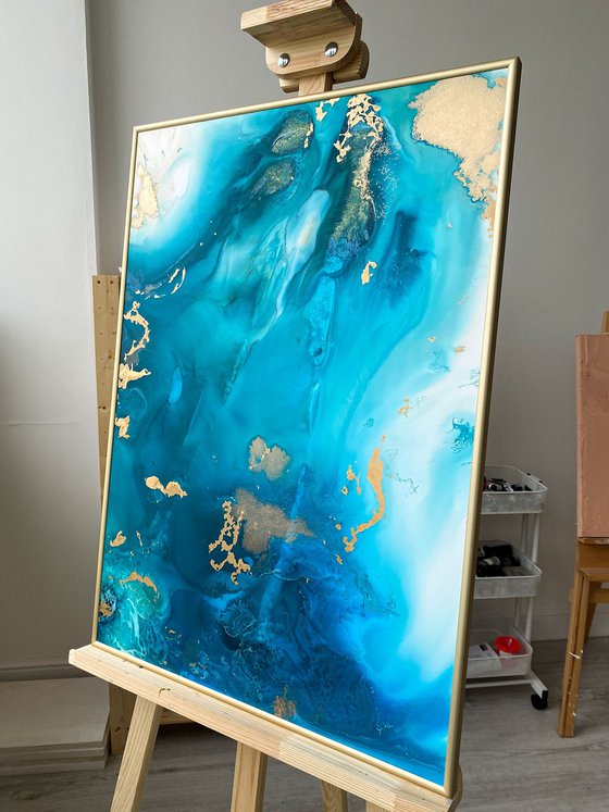 Ocean Blue Gold Fluid Painting