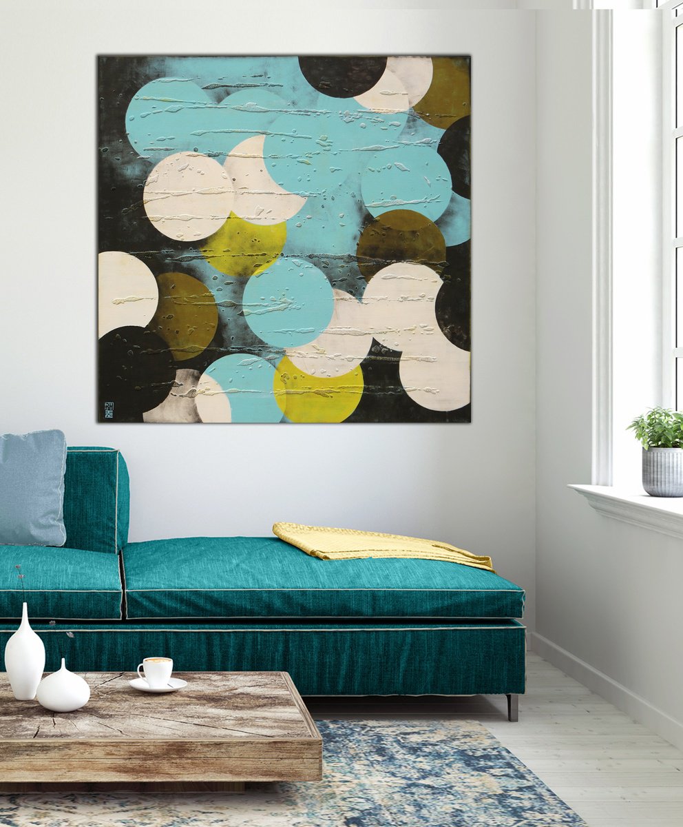 Abstract Acrylic Painting By Ronald Hunter, 47 X 47", Circle In Circle Turquoise, Original Artwork