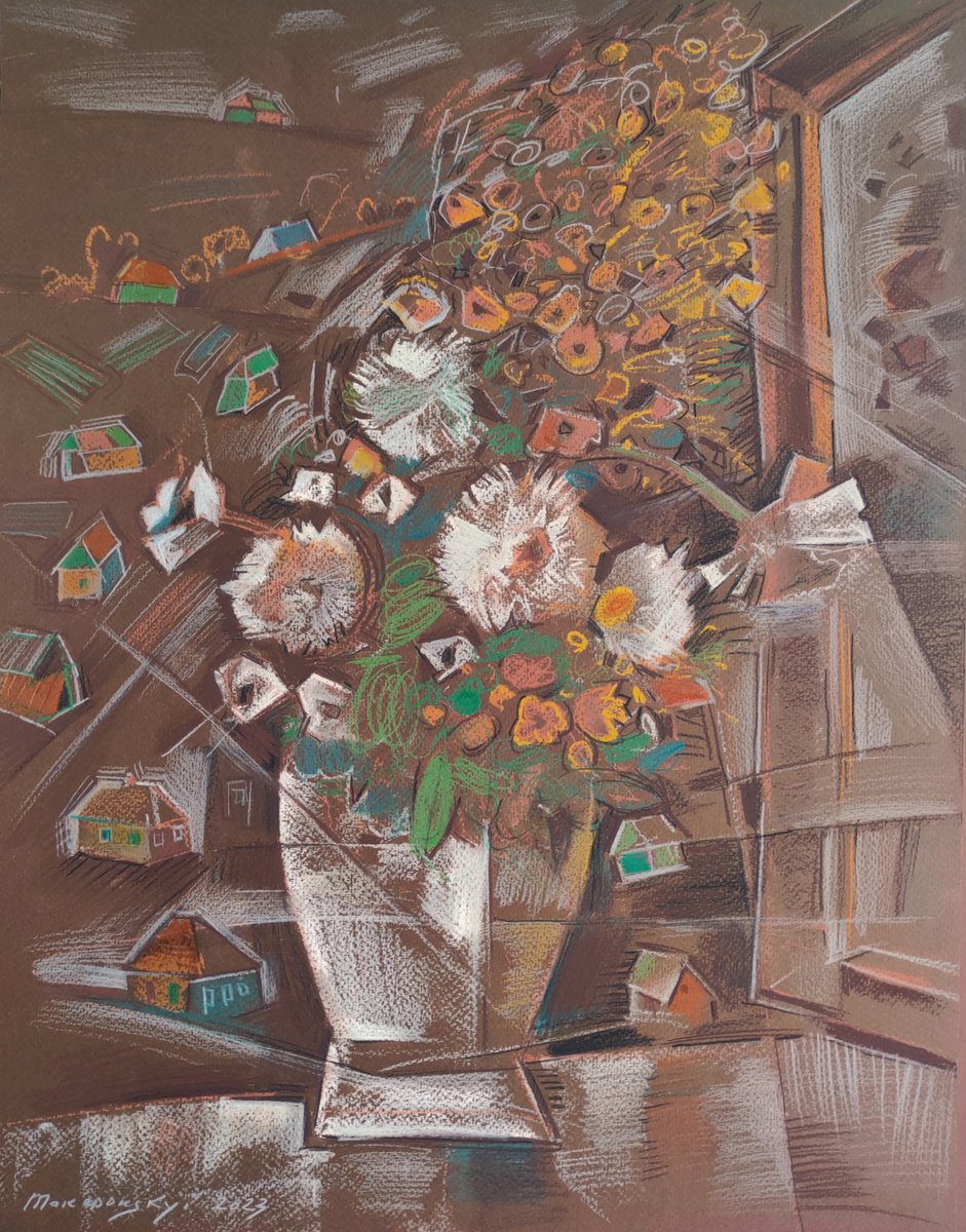 Impressionistic Botanical Drawing By Pavlo Makedonskyi, 15 X 19", Next To An Open Window, Original Artwork