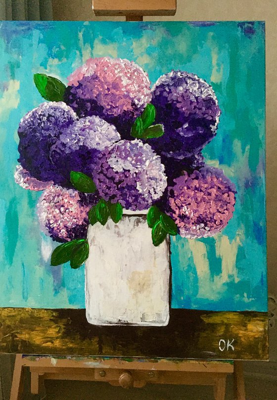 BOUQUET OF Purple and Pink  hydrangea in a white vase palette  knife Original Acrylic painting office home decor gift