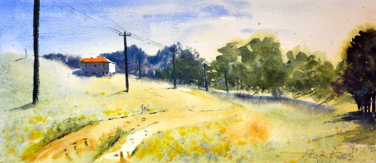 Sunny hill house landscape medium by Nenad Kojic watercolorist