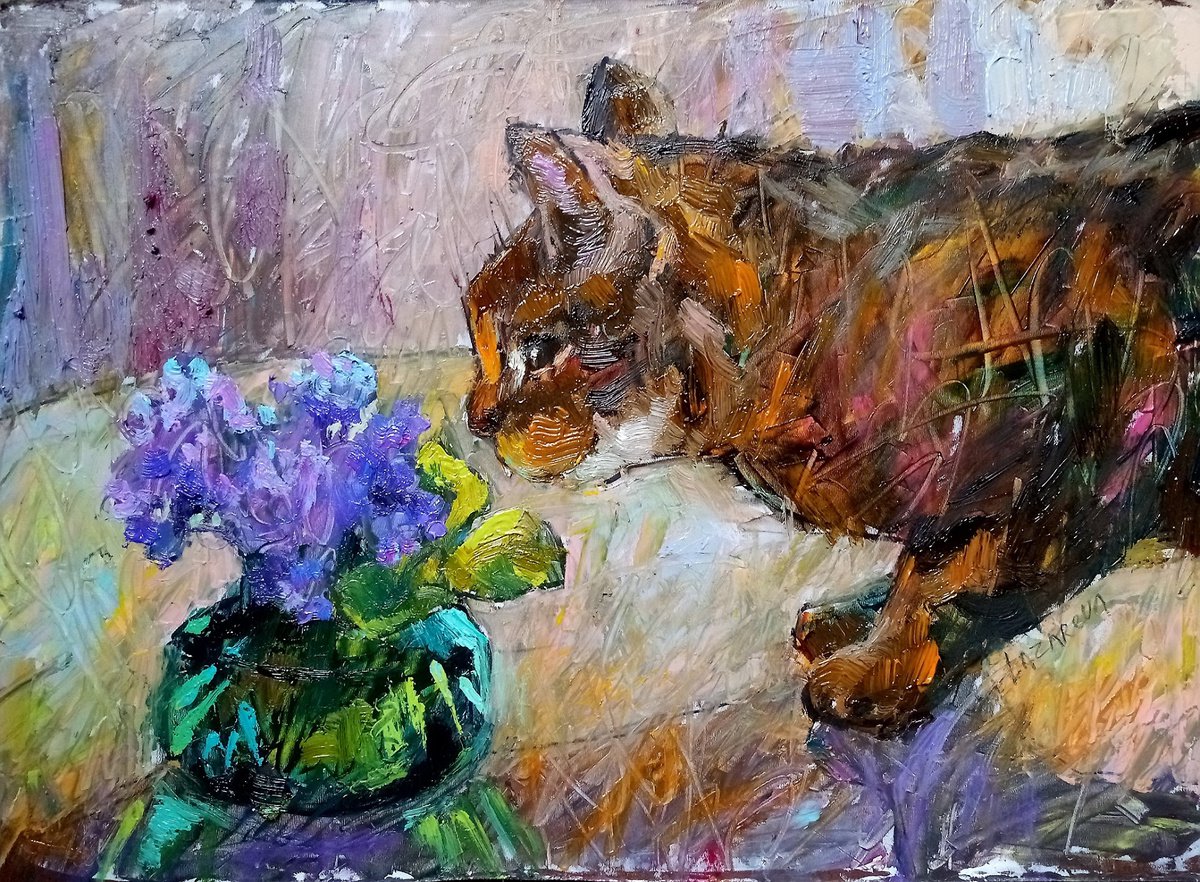 Cat and violets by Valerie Lazareva