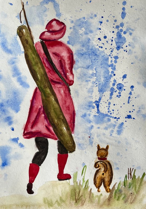 Fishing Painting Woman Original Art Pink Coat Watercolor Dog Artwork Fisherwoman Home Wall Art 8 by 12" by Halyna Kirichenko