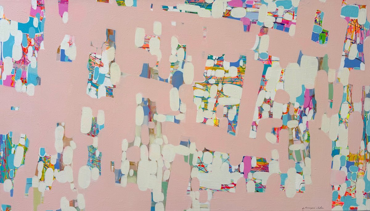 Abstract Oil Painting By Vahe Yeremyan, 70 X 41", Nocturne In Pink, Original Artwork