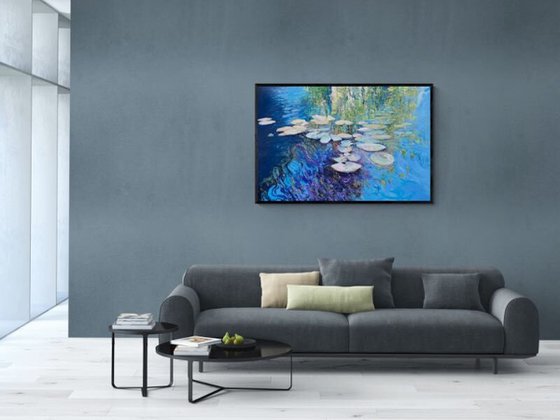 'Water Lilies' Large Impasto Lilly Pad Water Reflections Oil Painting