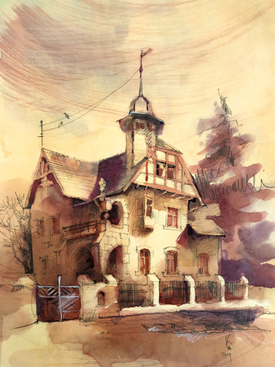 Impressionistic Cityscapes Watercolour By Ksenia Selianko, 11 X 15", Old Mansion, Original Artwork