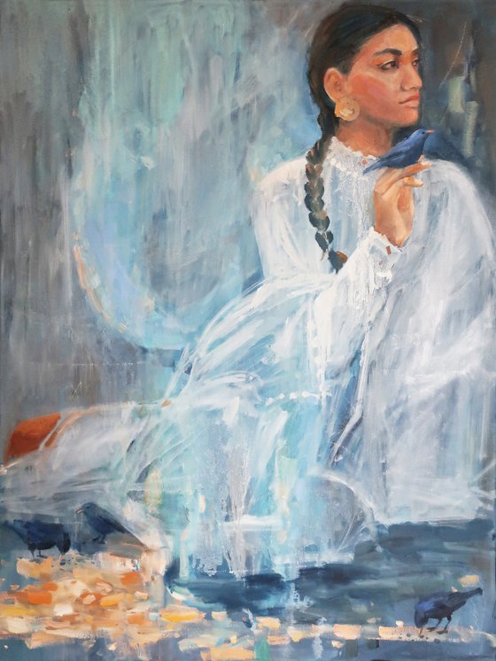 Oil Painting Woman and her birds