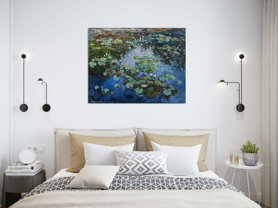 White Water Lilies - Impasto Original Oil painting 90 x 70 cm