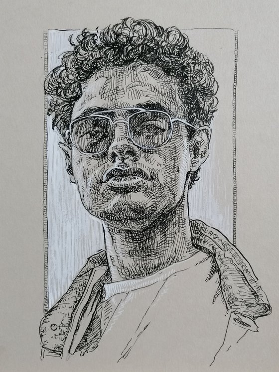 Handsome man with sunglasses, portrait on paper