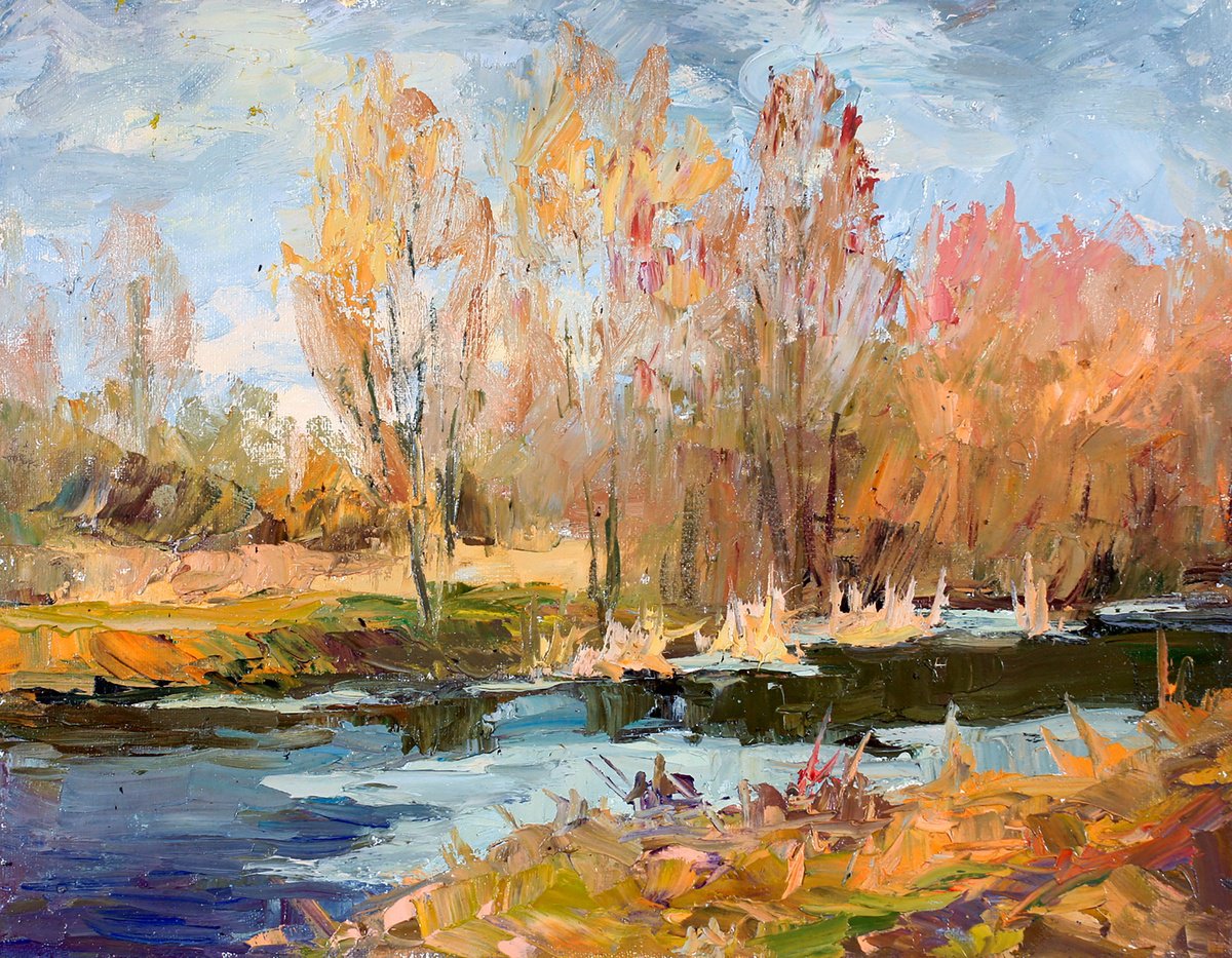 Impressionistic Landscape Oil Painting By Boris Serdyuk, 17 X 13, The First Ice, Original Artwork