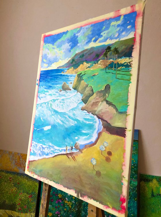 Beach painting with surfers