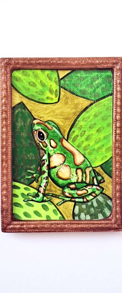 Dendrobates auratus, part of framed animal miniature series "festum animalium" by Andromachi Giannopoulou