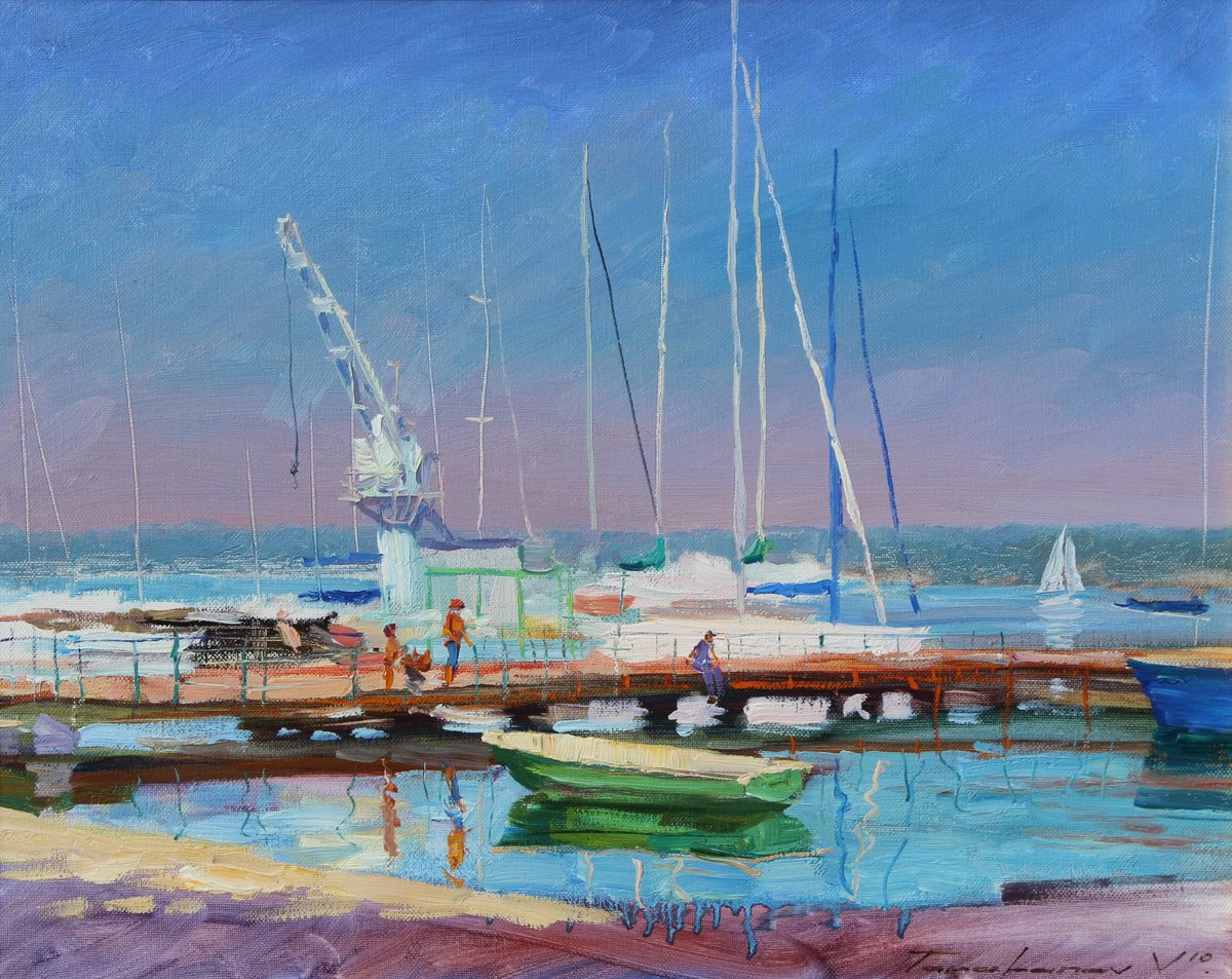 Impressionistic Landscape Oil Painting By Volodymyr Tarabanov, 20 X 16", At The Yacht Club, Original Artwork