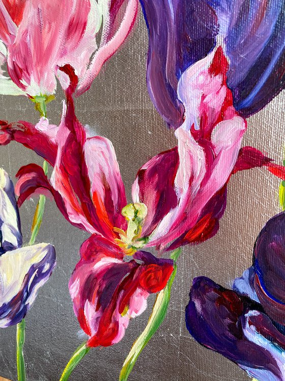 Small oil painting Tulips on a silver background