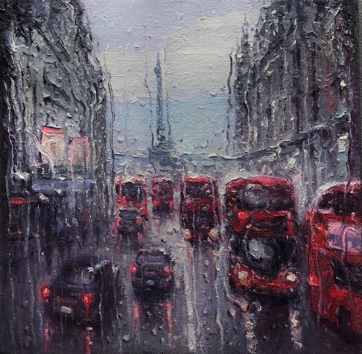 Impressionistic Cityscapes Oil Painting By Artem Grunyka, 16 X 16, Veil Of The Rain, Original Artwork