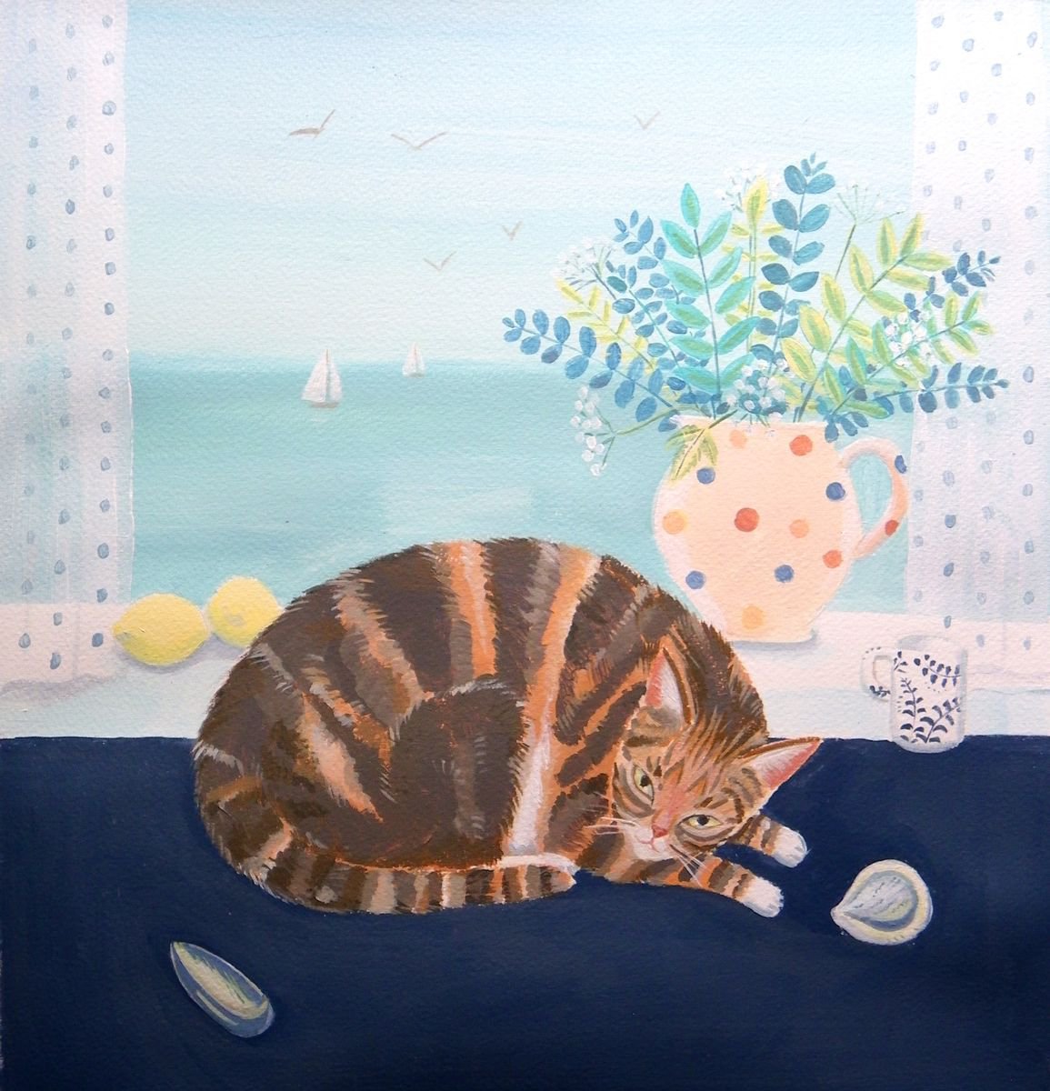 Illustrative Animal Acrylic Painting By Mary Stubberfield, 14 X 15", Tabby In The Window, Original Artwork