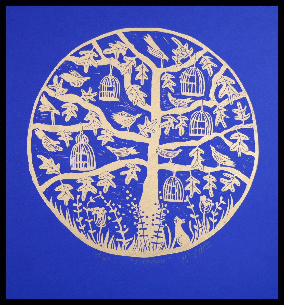 Freedom, round linocut in gold ink on blue paper by Mariann Johansen-Ellis