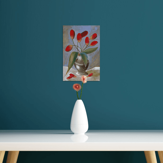 Seven Red Tulips In A Vase