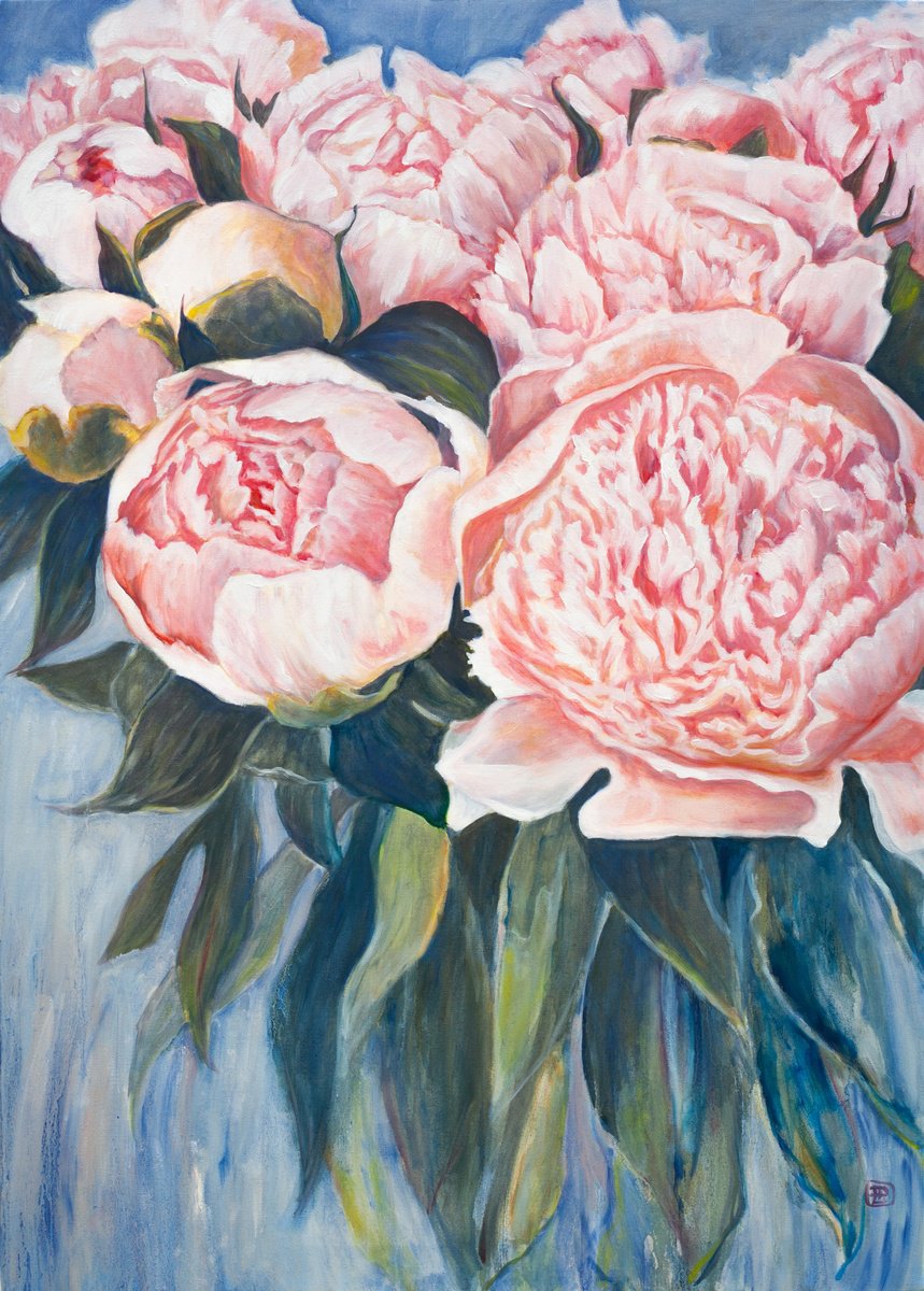 Photorealistic Botanical Oil Painting By Liudmila Pisliakova, 20 X 28", Delicate Peonies, Original Artwork