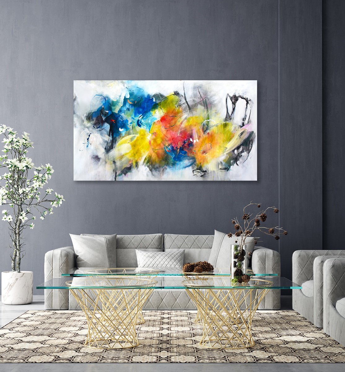 Expressive Abstract Acrylic Painting By Kirsten Handelmann, 83 X 47", On My Windowsill, Original Artwork