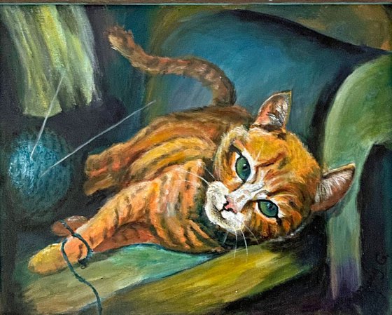 Let's knit a gorgeous, lovely painting of a cat playing with yarn 11x14 image in a gorgeous antique driftwood frame