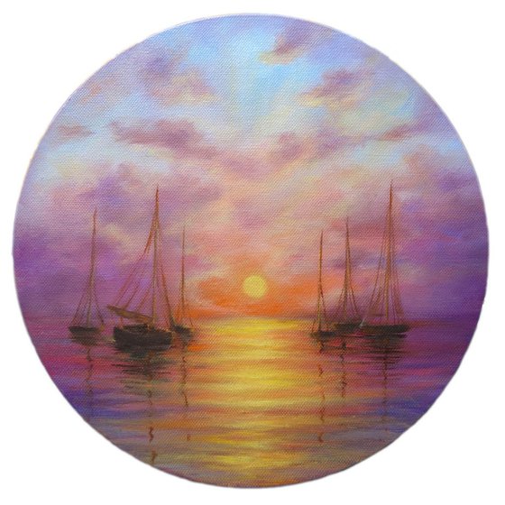 Boat Painting - Sailboat Art Seascape Original Artwork Nautical Wall Art Original Oil Painting Round Canvas 12" by 12"