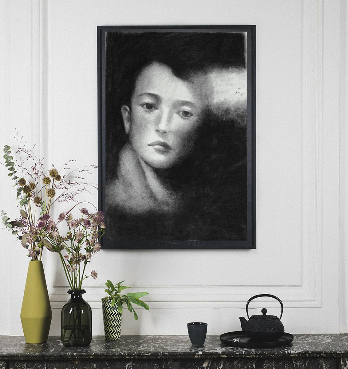 Expressive Portrait Charcoal Drawing By Daniela Roughsedge, 13 X 19, Time Traveler - Dreamers, Original Artwork