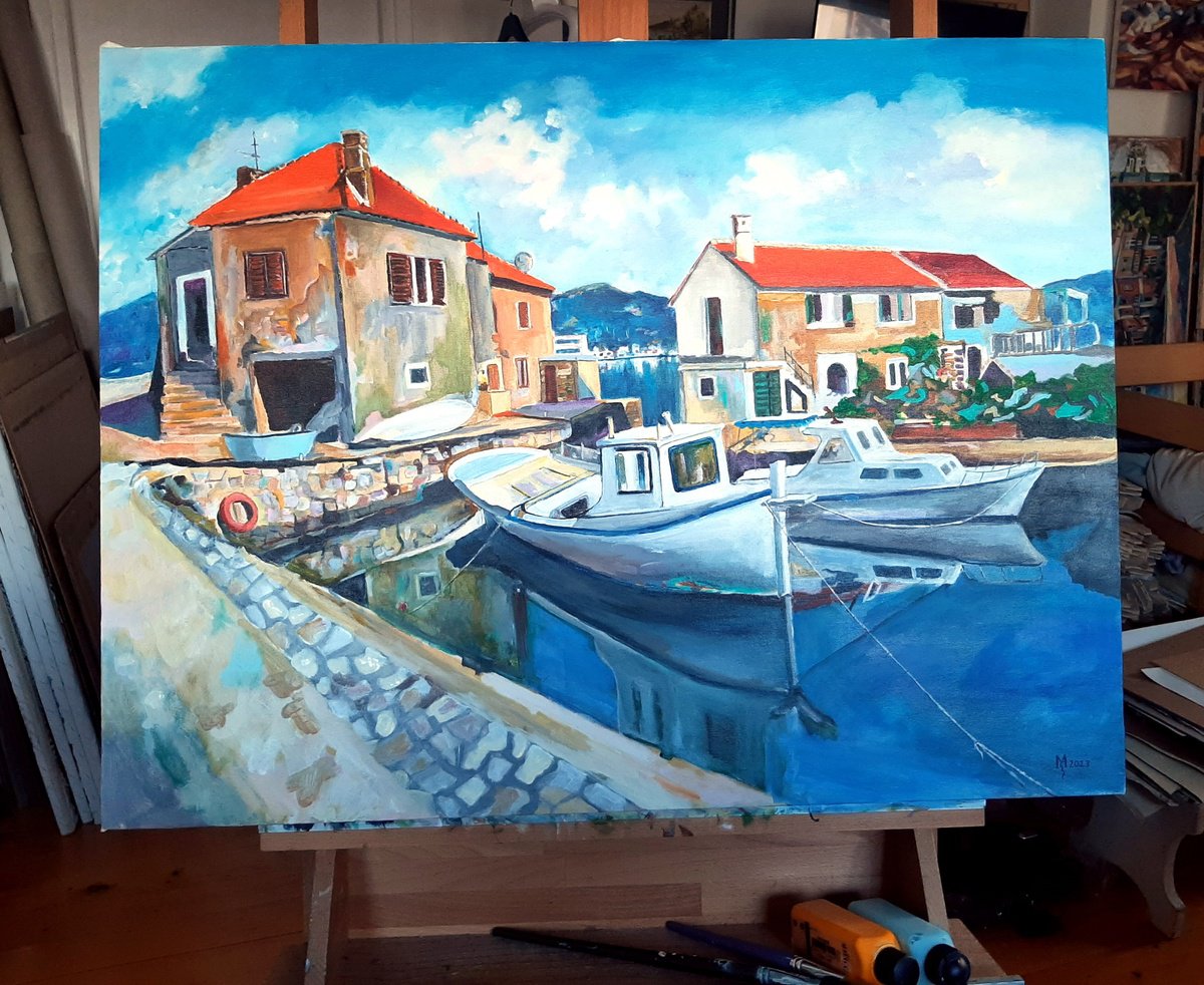 Impressionistic Landscape Acrylic Painting By Zoran Mihajlovic Muza, 33 X 25", The Glow Of The Mediterranean, Original Artwork