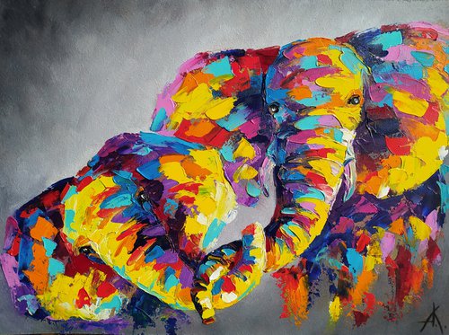 Mother and baby - elephants, mother, elephant, mother's love, Africa, love, animals, gift for mother, oil painting, Impressionism, palette knife, gift. by Anastasia Kozorez