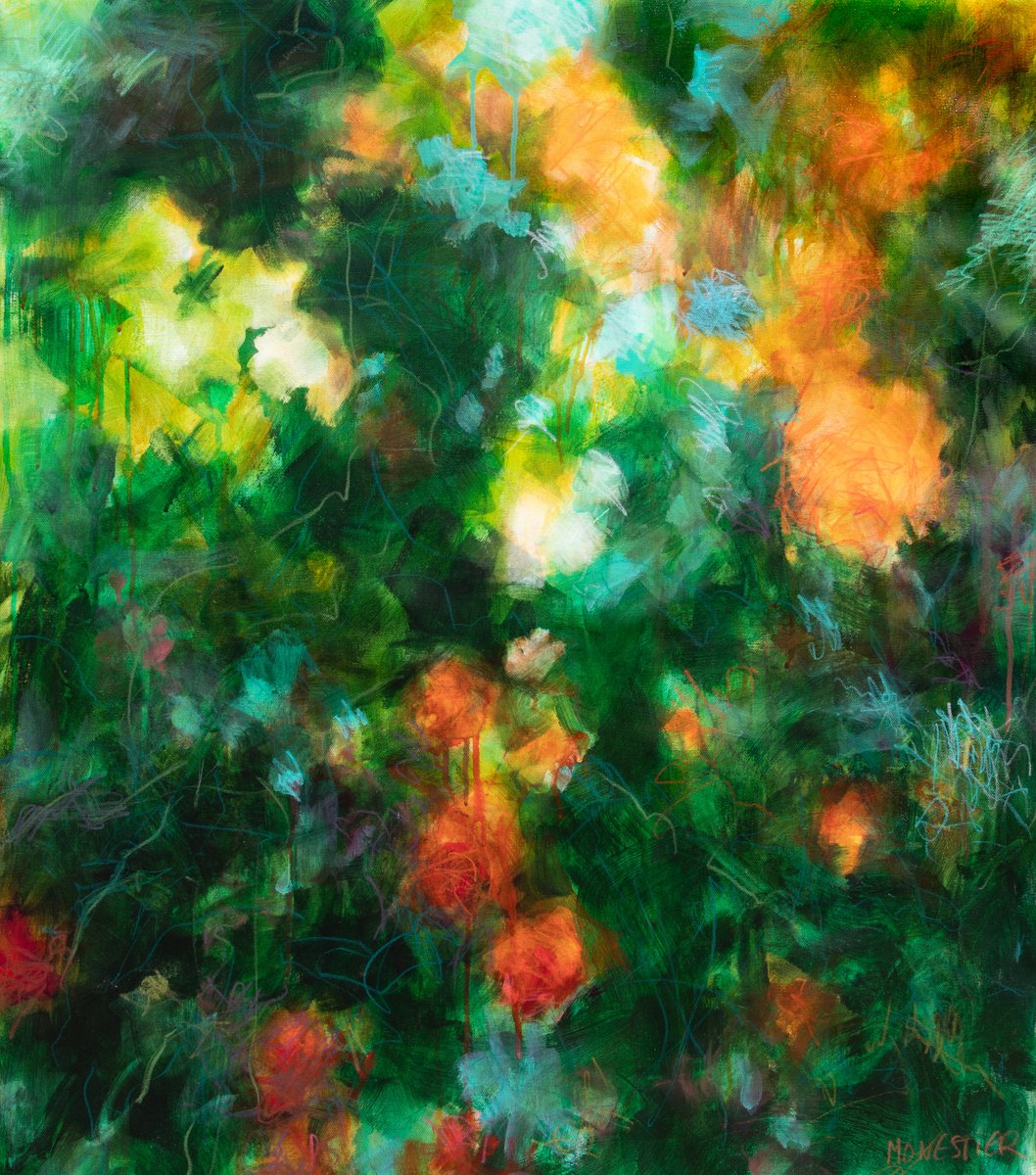 Impressionistic Botanical Acrylic Painting By Fabienne Monestier, 30 X 35, Orange And Green Rosebush, Original Artwork
