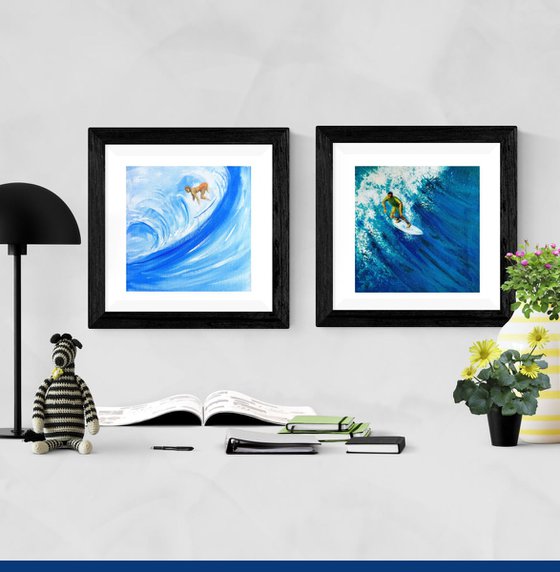 Set of Two Surfers in the blue sea