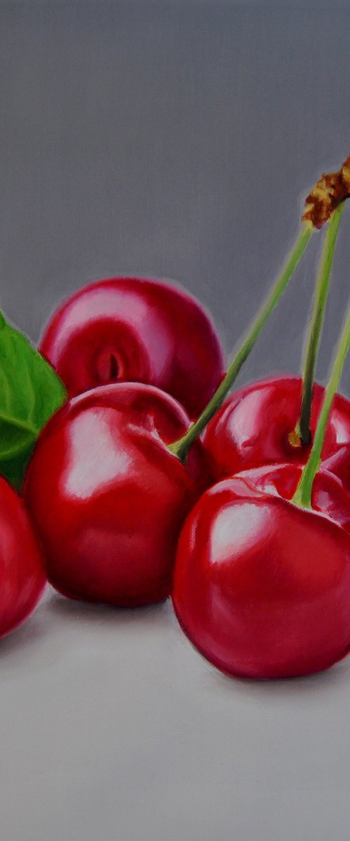 Cherries painting, Original oil on canvas realistic art by Simona Tsvetkova