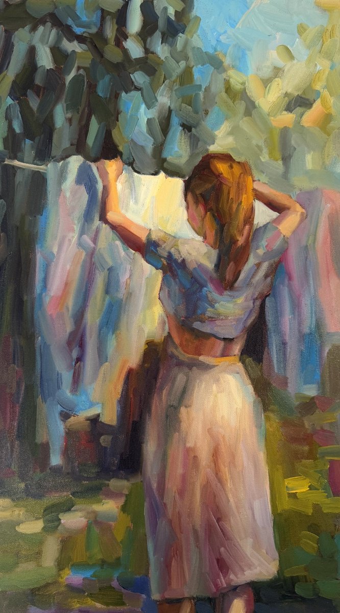 Impressionistic Portrait Oil Painting By Liubou Sas, 16 X 28", Freshness, Original Artwork