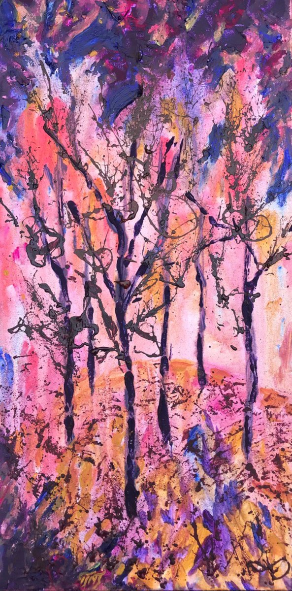 Abstract Landscape Acrylic Painting By Tetiana Pchelnykova, 12 X 24", Veil Of Shadows, Original Artwork